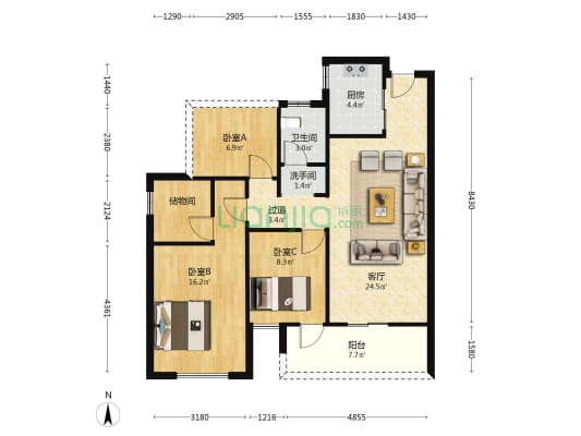 九颂中奥沃华|瑞府 3室1厅2卫 96平方