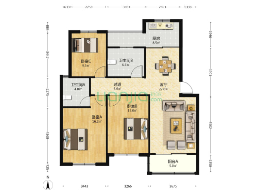 四季阳光西区 3室1厅2卫 117平方