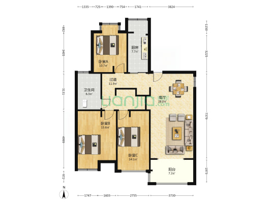 万和·润园 3室1厅1卫 124平方