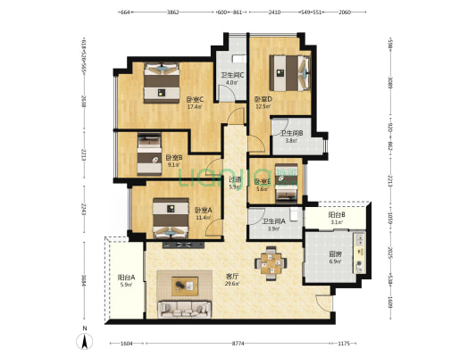 新世界云耀 5室1厅3卫 143平方