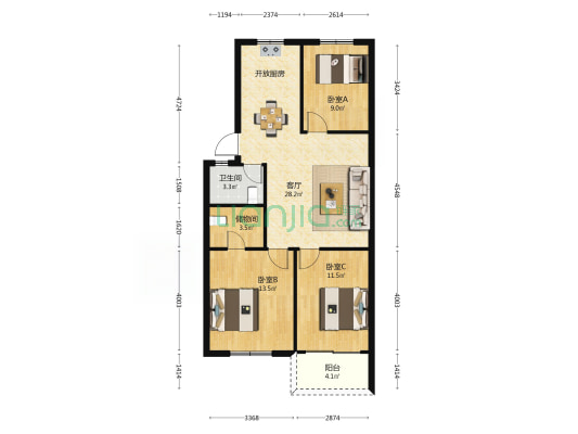 盘南小区 3室1厅1卫 87平方