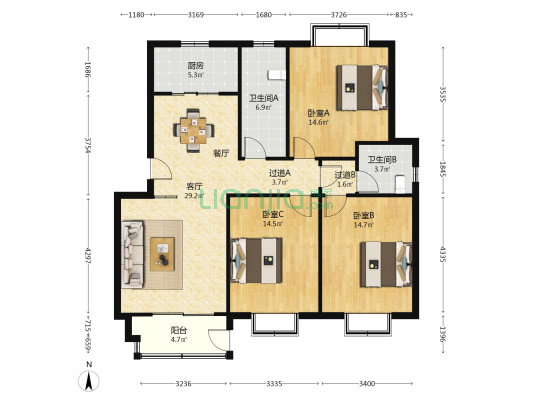 福溪花园 3室1厅2卫 117平方