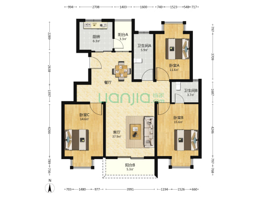明瑞花园 3室1厅2卫 128平方