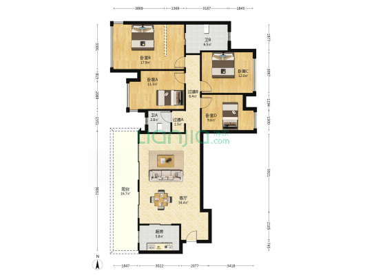 绿地新里城四期 4室1厅2卫 137平方