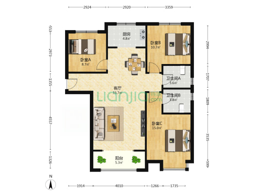 橡嵘湾 3室1厅2卫 127平方