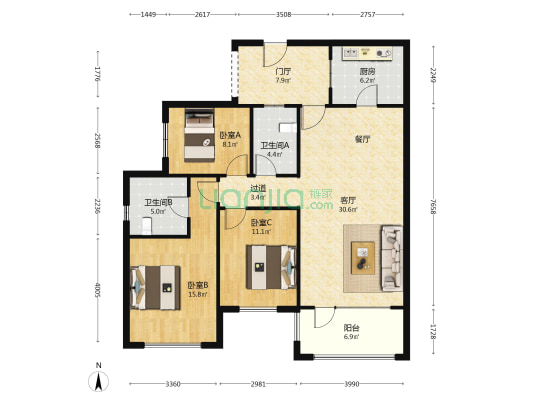 南湖国际中心 3室1厅2卫 126平方