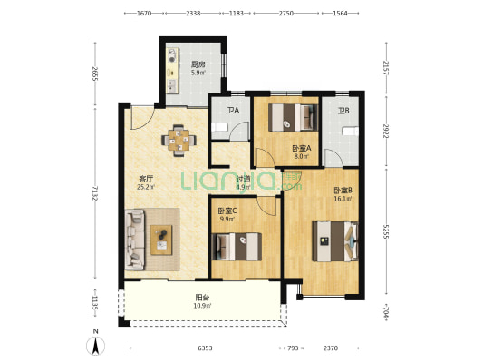 仁恒·滨河世纪 3室1厅2卫 115平方