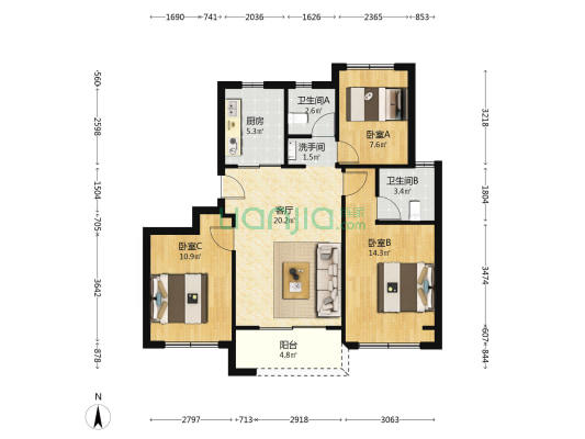建发青云上 3室1厅3卫 89平方