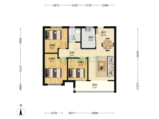 金茂悦宏云南区 3室1厅1卫 88平方