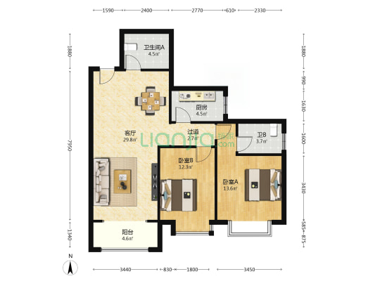 元森北新时代（金香园） 2室1厅2卫 128平方
