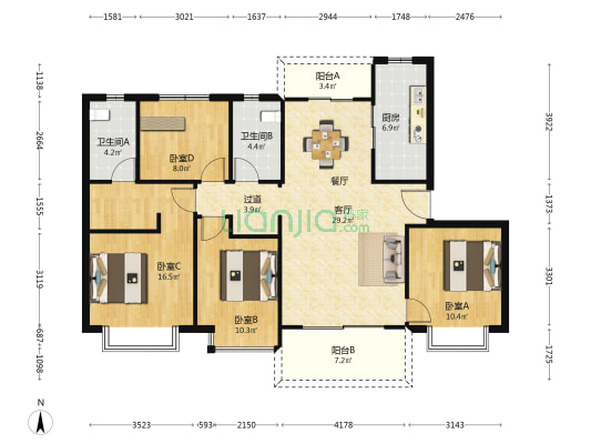 恒大珺睿庭 4室1厅2卫 135平方