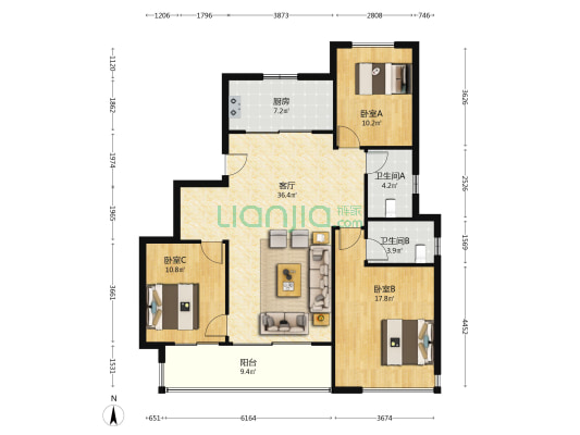 观园 3室1厅2卫 122平方