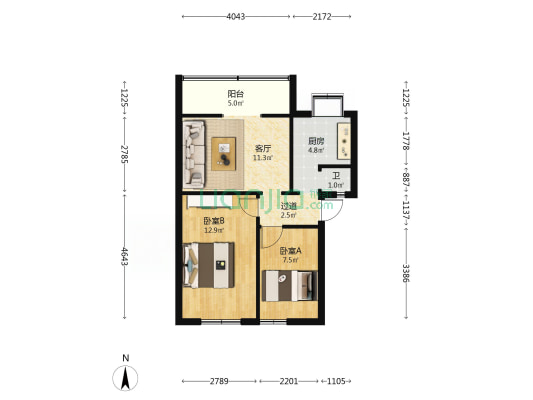 建设村 2室1厅1卫 58平方