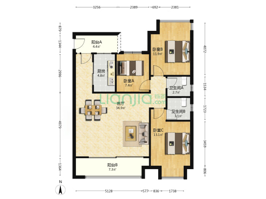 珠江城天悦江湾一期 3室1厅2卫 115平方