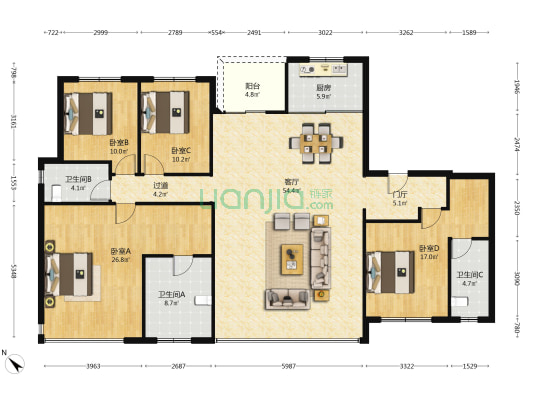 龙湖云河颂 4室1厅3卫 197平方