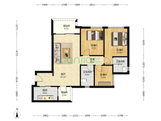 信达九珑郡 3室1厅2卫 88平方