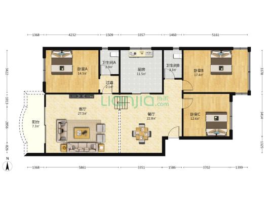 外经委宿舍 3室2厅2卫 138平方