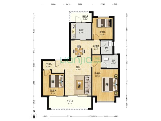龙湖江与城 3室1厅2卫 116平方