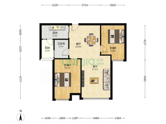 藤荣尚府 2室2厅1卫 87平方