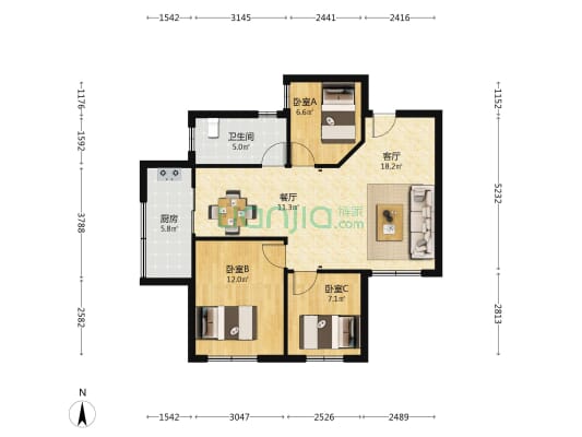 中信花园 3室2厅1卫 79平方