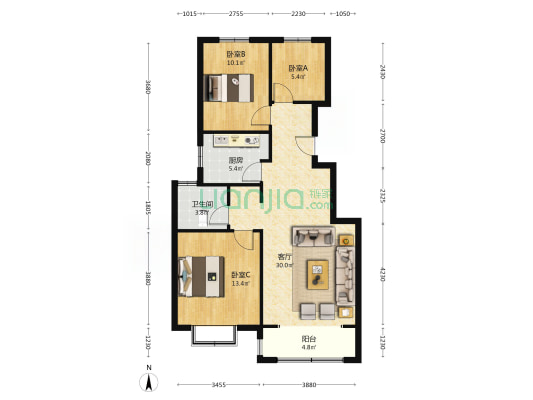 香邑溪谷悦都小区 2室2厅 南 北-户型图