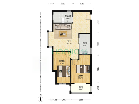 精装两居，家具家电齐，业主诚意出售-户型图