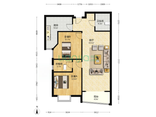 开发区 君临天下御景园  全南两居室-户型图