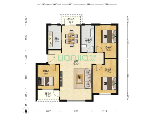 国奥花园四期 3室1厅1卫 106平方