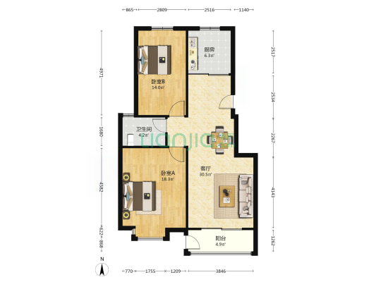 紫金橄榄苑 2室1厅1卫 97平方