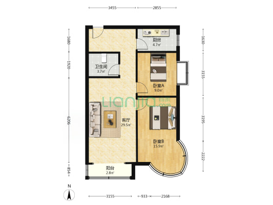 凯旋门 两居 好楼层 毛坯随心装 有钥匙-户型图