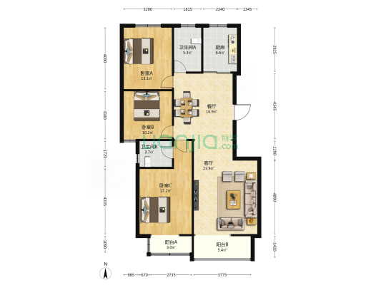 天润东方绿城 3室2厅2卫 134平方
