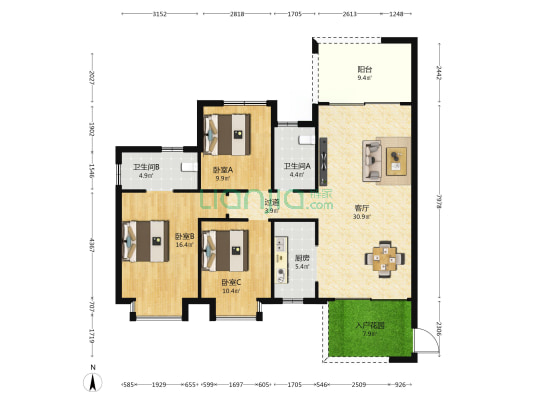 通莱大厦 3室1厅2卫 126平方