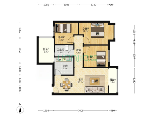锦和康城·康泰苑 3室1厅1卫 88平方