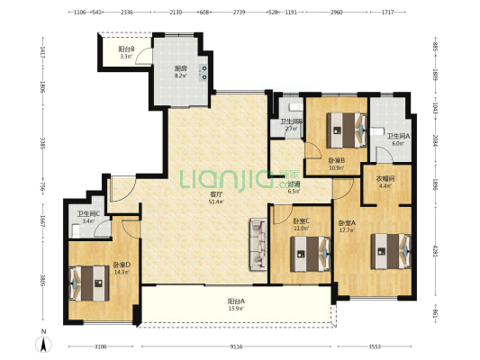麓湖熙华天玺北区 4室1厅3卫 184平方