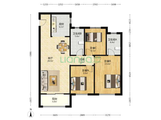 融创城融华园 3室1厅2卫 127平方