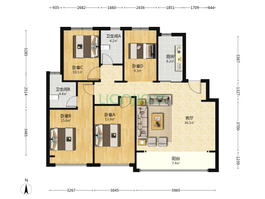 铂悦春和万象 4室1厅2卫 127平方