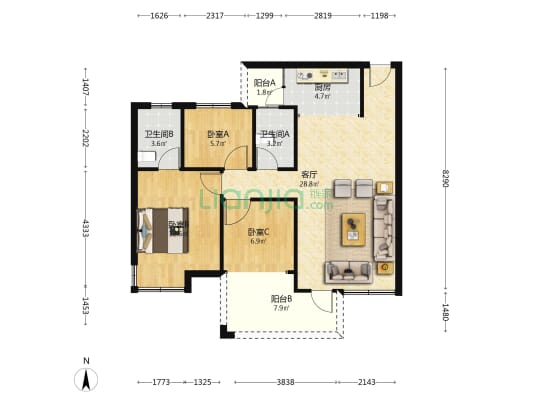 明大汇乐园 3室1厅2卫 90平方