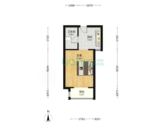 双语旁 一居室  毛坯 低总价-户型图