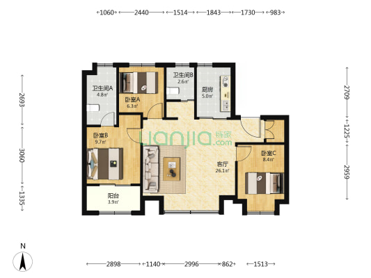湖滨铂悦 3室1厅2卫 102平方