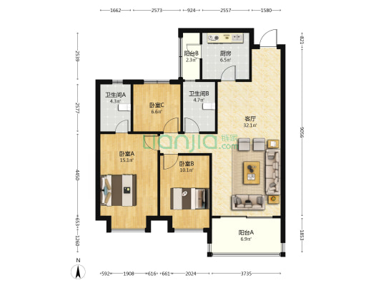 恒大金碧天下 3室1厅2卫 130平方