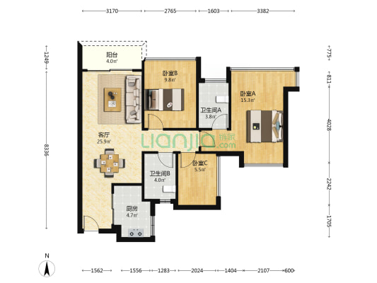 越秀珠实天悦海湾 3室1厅2卫 89平方