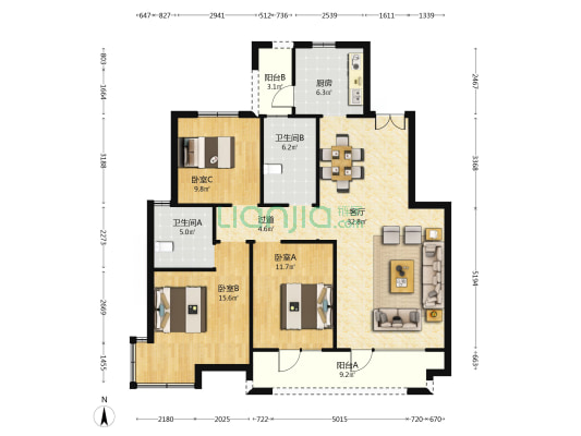万德麒麟公馆二期 3室1厅2卫 131平方