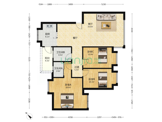 祁安小区 3室1厅2卫 110平方