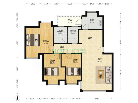 祁安小区 3室1厅2卫 111平方