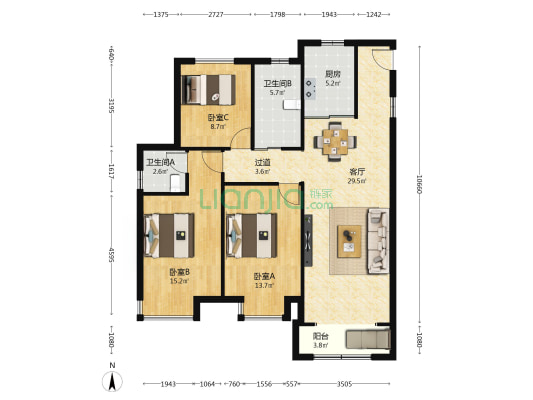 保利幸福里 3室1厅2卫 114平方