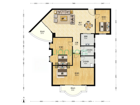 中区名门 3室1厅2卫 158平方