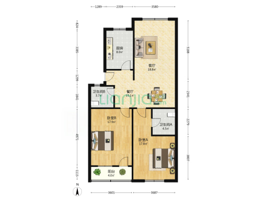 利民路 2室2厅2卫 106平方