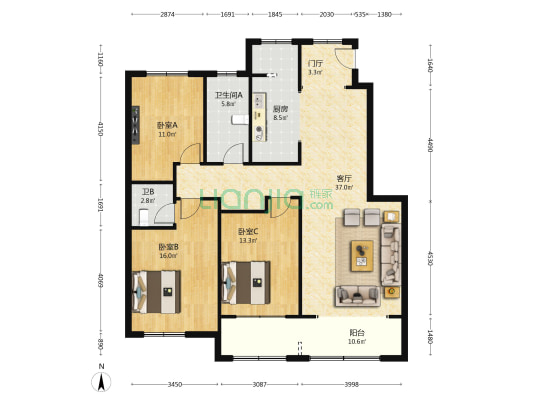 城建文苑西区 3室1厅2卫 139平方