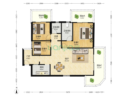 水街中央城一期 3室1厅2卫 117平方