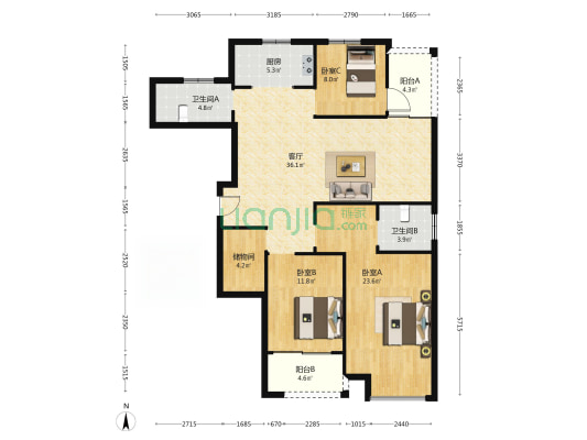 东祥锦园 3室1厅2卫 135平方